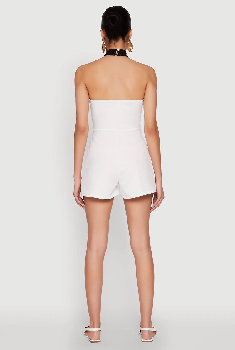 Womens Contrast Trim Halter Neck Romper, White, Size M
