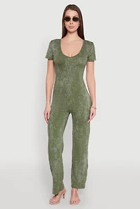 Womens Mineral Wash Short Sleeve Jumpsuit, Green, Size M
