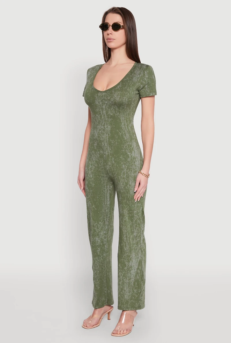 Womens Mineral Wash Short Sleeve Jumpsuit, Green, Size L