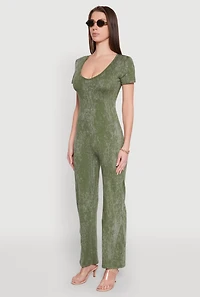 Womens Mineral Wash Short Sleeve Jumpsuit, Green, Size L