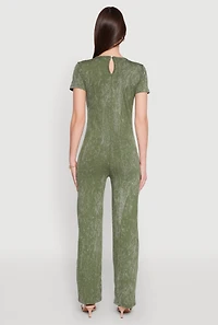 Womens Mineral Wash Short Sleeve Jumpsuit, Green, Size M