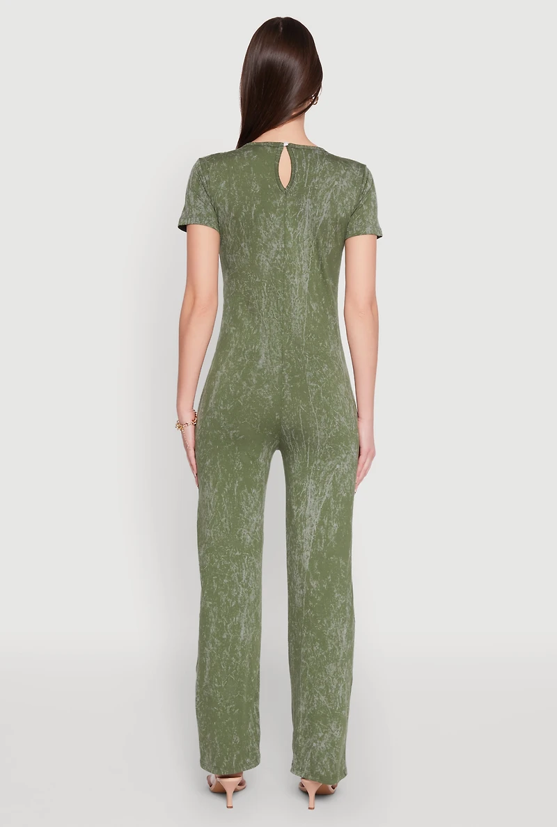 Womens Mineral Wash Short Sleeve Jumpsuit, Green, Size L