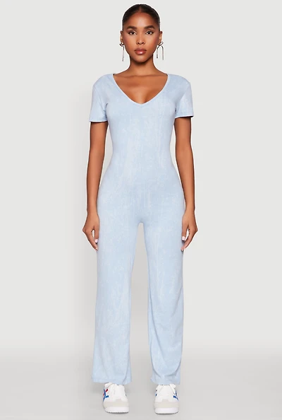 Womens Mineral Wash Short Sleeve Jumpsuit, Blue, Size L