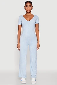 Womens Mineral Wash Short Sleeve Jumpsuit, Blue, Size L