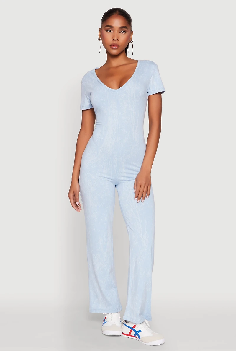 Womens Mineral Wash Short Sleeve Jumpsuit, Blue, Size M