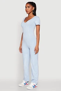 Womens Mineral Wash Short Sleeve Jumpsuit, Blue,