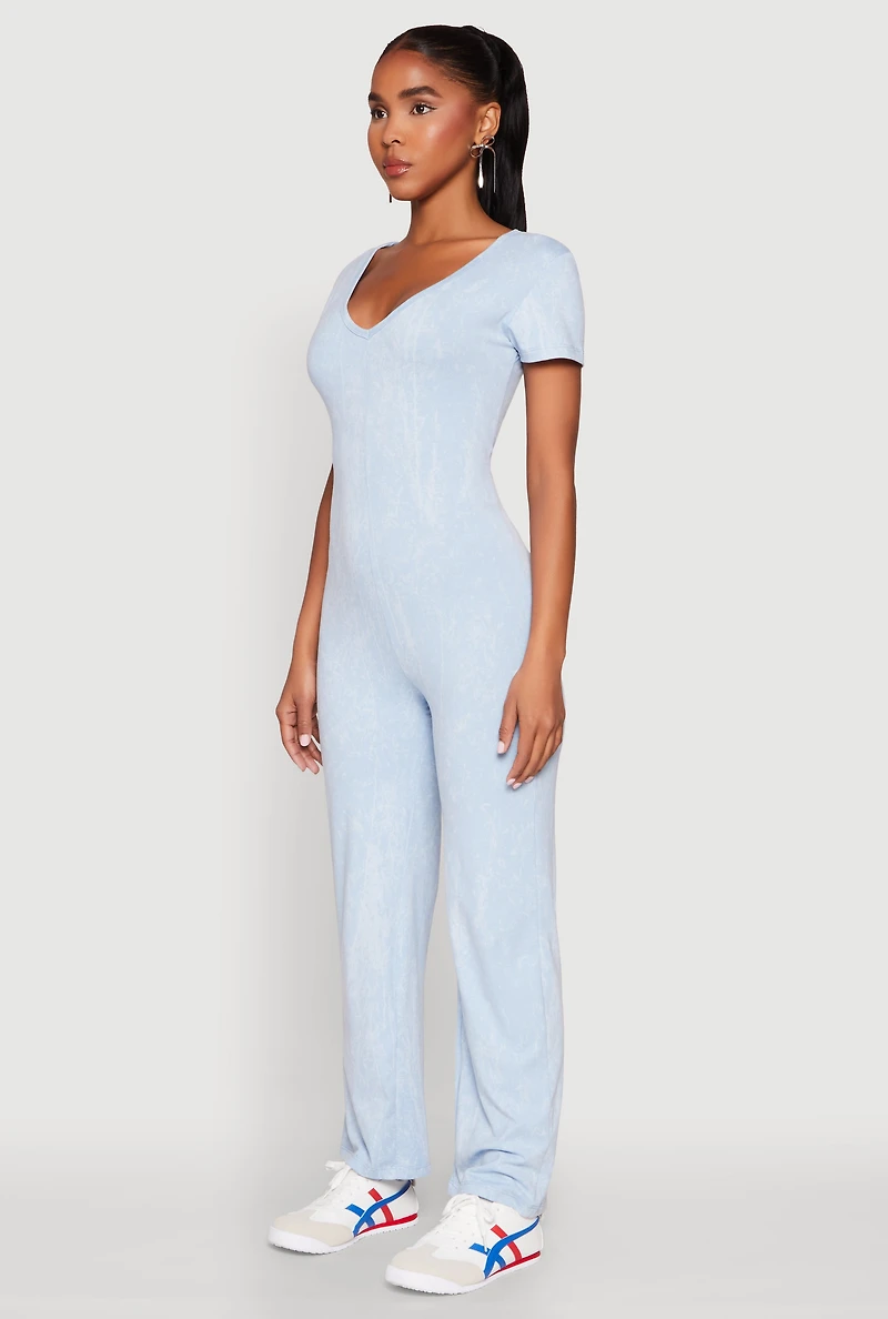 Womens Mineral Wash Short Sleeve Jumpsuit, Blue, Size M