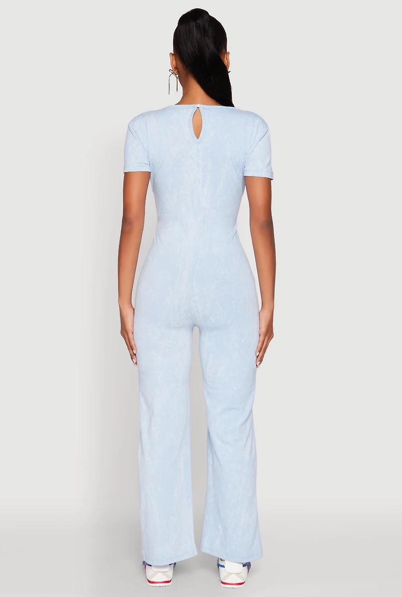 Womens Mineral Wash Short Sleeve Jumpsuit, L