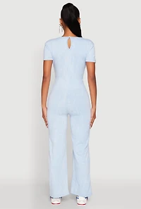 Womens Mineral Wash Short Sleeve Jumpsuit, Blue, Size M