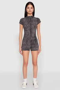 Womens Mineral Wash Zip Front Romper, Grey, Size M