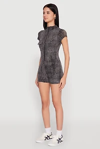 Womens Mineral Wash Zip Front Romper, Grey, Size M