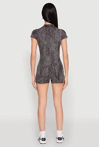Womens Mineral Wash Zip Front Romper, Grey, Size M