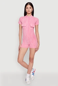 Womens Mineral Wash Zip Front Romper, Pink, Size XL