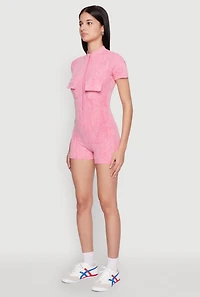 Womens Mineral Wash Zip Front Romper, Pink, Size XL