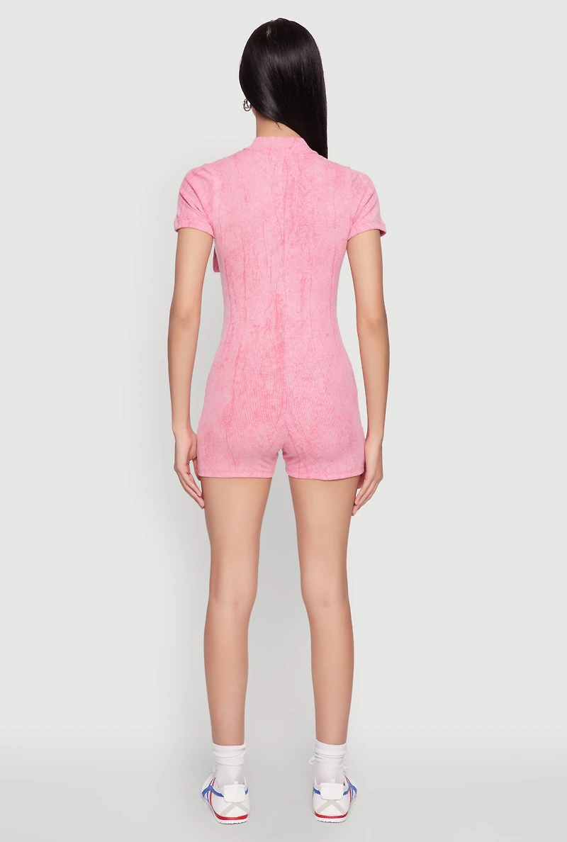 Womens Mineral Wash Zip Front Romper, Pink, Size XL