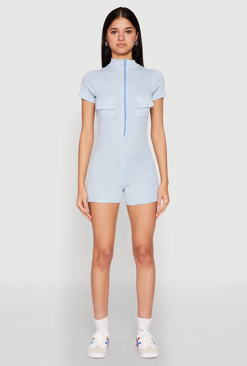 Womens Mineral Wash Zip Front Romper, Blue, Size M