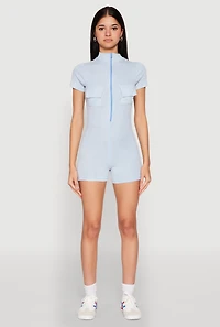 Womens Mineral Wash Zip Front Romper, Blue, Size M