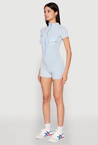 Womens Mineral Wash Zip Front Romper, Blue, Size M