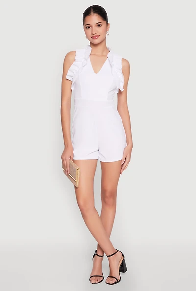 Womens Crepe Knit Ruffle Trim Zip Back Romper, White, Size S