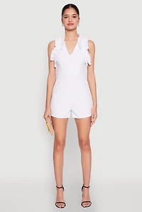 Womens Crepe Knit Ruffle Trim Zip Back Romper, White, Size S