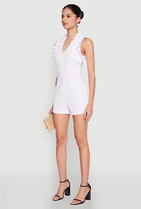 Womens Crepe Knit Ruffle Trim Zip Back Romper, White, Size S
