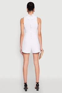 Womens Crepe Knit Ruffle Trim Zip Back Romper, White, Size S