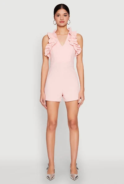 Womens Crepe Knit Ruffle Trim Zip Back Romper,