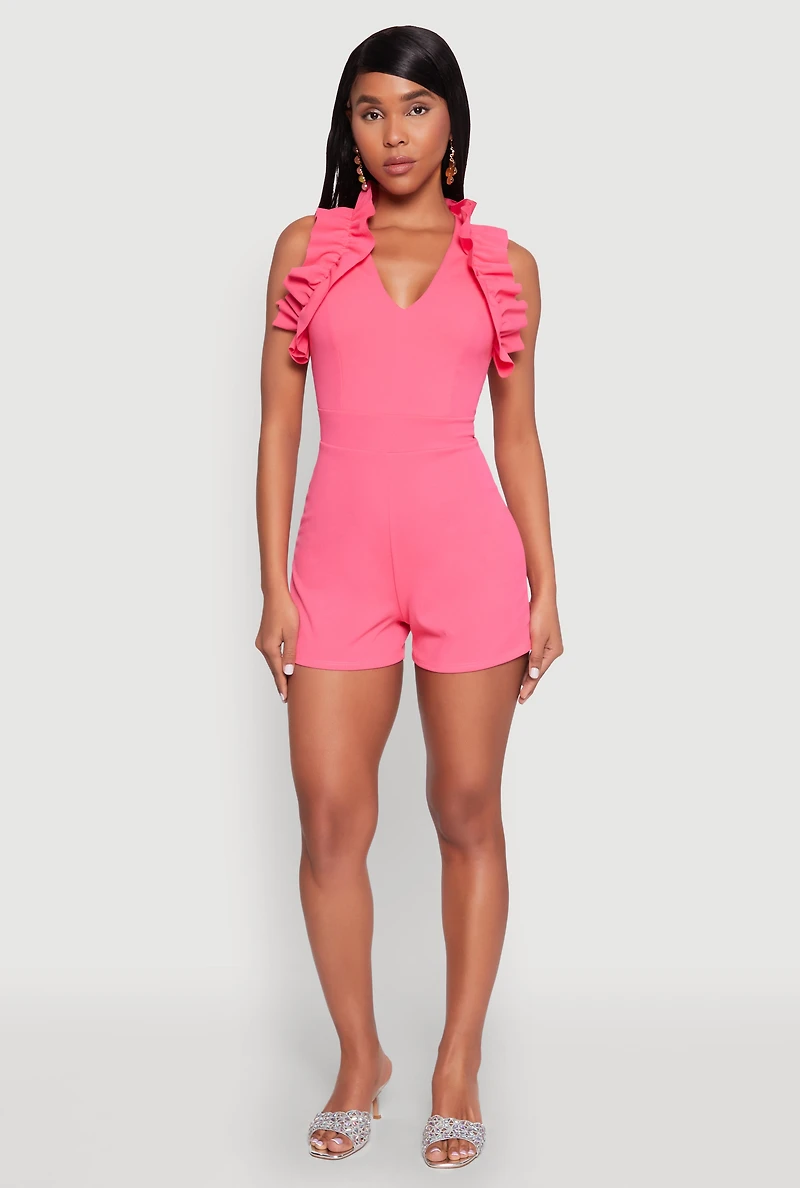 Womens Crepe Knit Ruffle Trim Zip Back Romper,