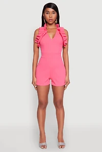 Womens Crepe Knit Ruffle Trim Zip Back Romper,