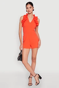 Womens Crepe Knit Ruffle Trim Zip Back Romper, Orange, Size M