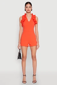 Womens Crepe Knit Ruffle Trim Zip Back Romper, Orange, Size M