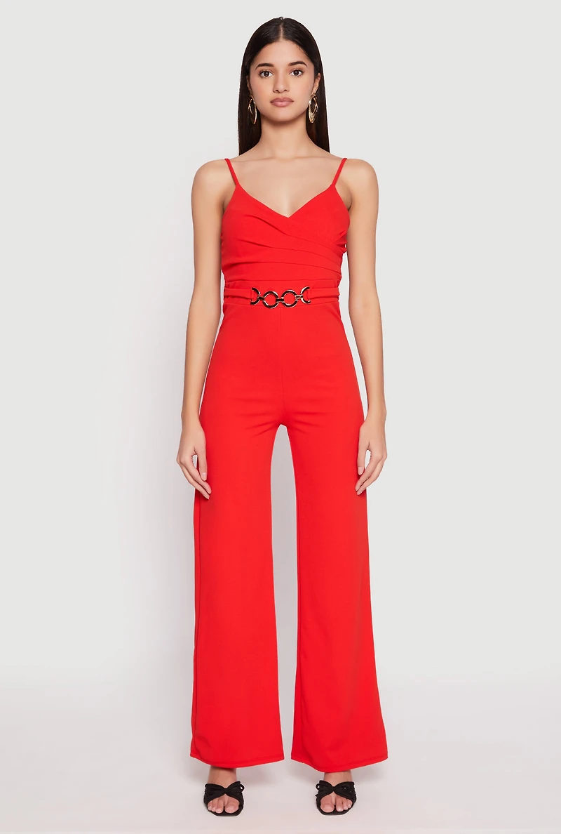 Womens Crepe Knit Chain Belted Front Jumpsuit, Red, Size M