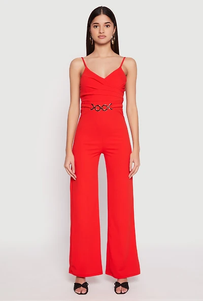 Womens Crepe Knit Chain Belted Front Jumpsuit, Red, Size M