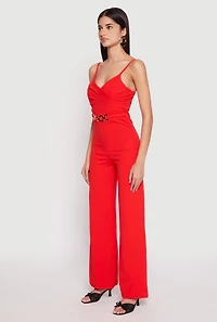 Womens Crepe Knit Chain Belted Front Jumpsuit, Red, Size M