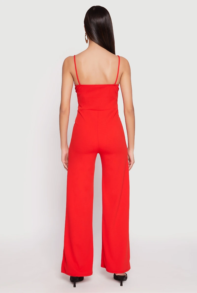 Womens Crepe Knit Chain Belted Front Jumpsuit, Red, Size M