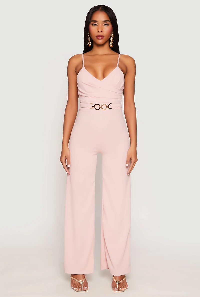 Womens Crepe Knit Chain Belted Front Jumpsuit, Pink,