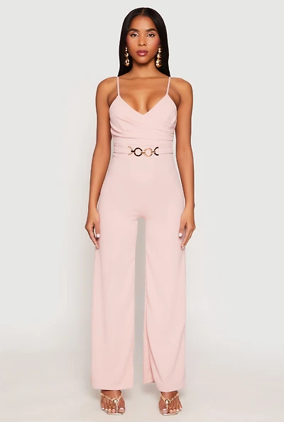 Womens Crepe Knit Chain Belted Front Jumpsuit, Pink,