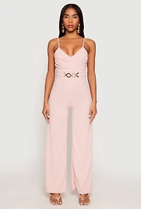 Womens Crepe Knit Chain Belted Front Jumpsuit, Pink,