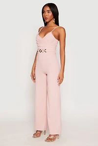 Womens Crepe Knit Chain Belted Front Jumpsuit, Pink,