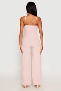Womens Crepe Knit Chain Belted Front Jumpsuit, Pink,