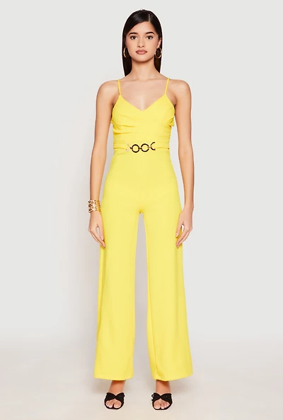 Womens Crepe Knit Chain Belted Front Jumpsuit, Yellow, Size XL