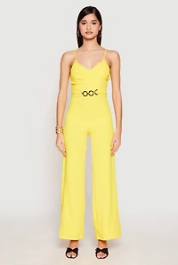 Womens Crepe Knit Chain Belted Front Jumpsuit, Yellow, Size XL
