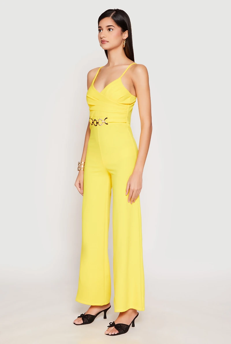 Womens Crepe Knit Chain Belted Front Jumpsuit, Yellow, Size XL