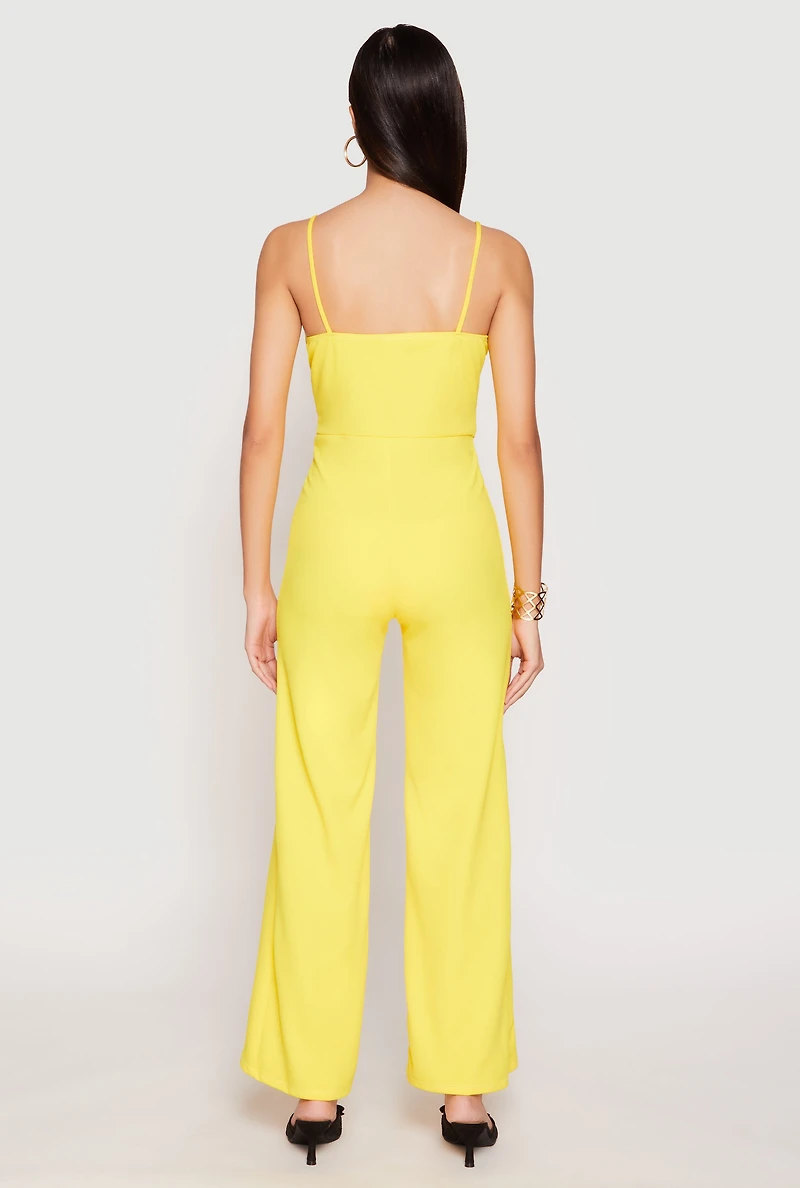 Womens Crepe Knit Chain Belted Front Jumpsuit, Yellow, Size XL