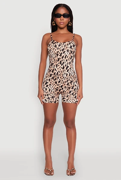 Womens Leopard Print Cami Romper, Brown, Size M