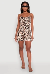 Womens Leopard Print Cami Romper, Brown, Size M