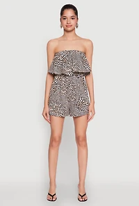 Womens Leopard Print Ruffle Overlay Romper, Brown, Size S