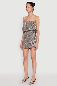 Womens Leopard Print Ruffle Overlay Romper, Brown, Size XL
