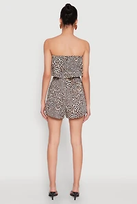 Womens Leopard Print Ruffle Overlay Romper, Brown, Size S
