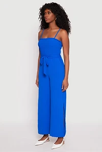 Side Slit Smocked Tie Waist Jumpsuit